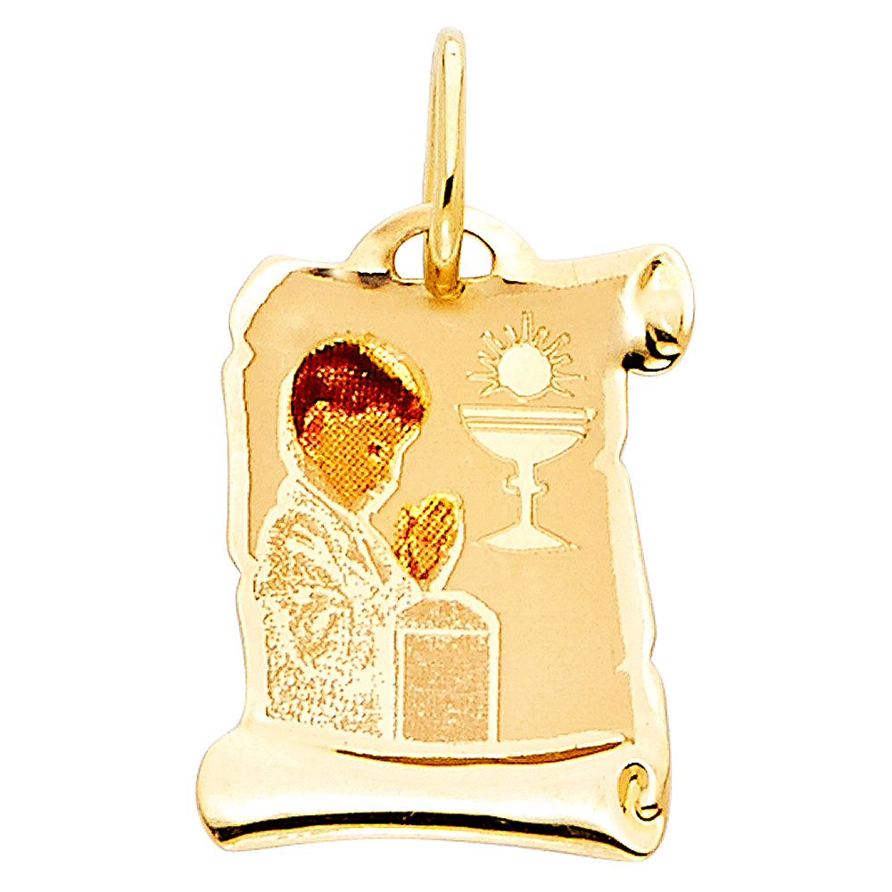 14K Yellow Gold Small Religious First Communion Picture Charm Pendant Boy